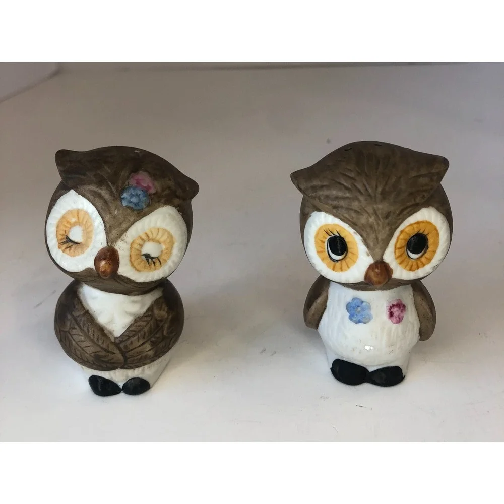 OWLS Salt & Pepper Shaker S&P Cute Brown Couple Kitsch Ceramic‎ VINTAGE